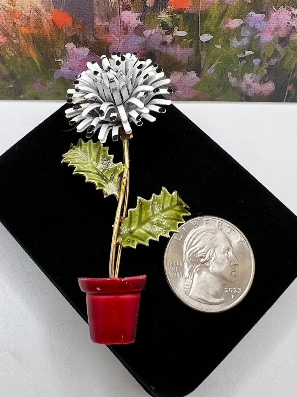 Corocraft Fringed Flower in a Pot Enamel Brooch